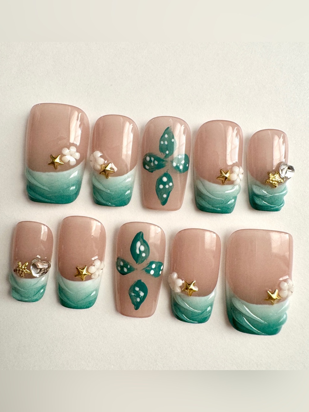 Teal Wave Floral Press-On Nail Set